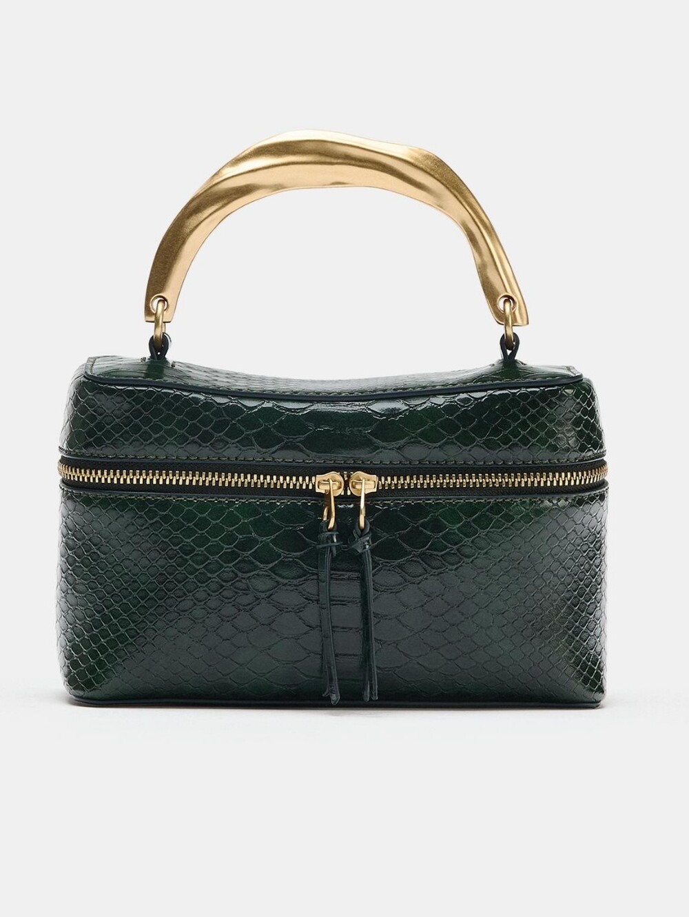 Zara TEXTURED VANITY BAG, Leather Top-Handle Crossbody Bag in Dark Green
